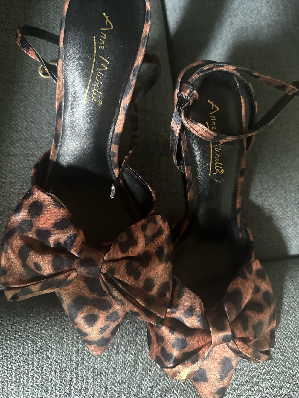 Anne Michelle Leopard-Print Bow Ankle-Strap Heels - Brown/Black